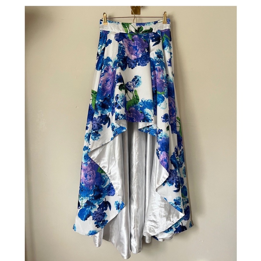 My Michelle Blue Purple Floral Satin High Low Maxi Skirt Cottagecore Size 7